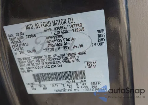 2005 Mercury Mariner Convenience z USA, uszkodzony, nr VIN 4M2YU56Z85DJ28734